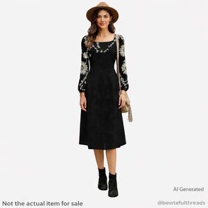Moon Ports Black SZ 4 Wool Blend Dress Floral Print Sleeves Midi Career Cocktail